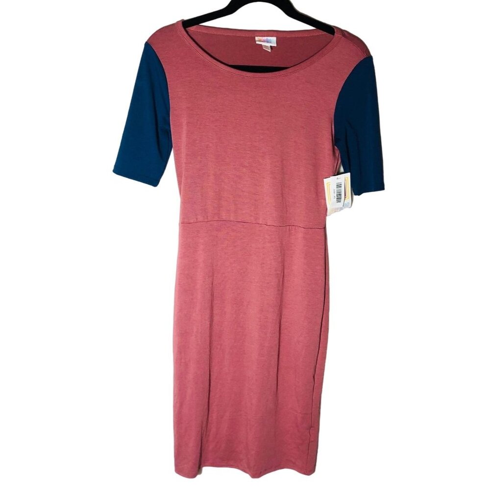 LuLaRoe Julia dress short sleeve pink & blue polyester blend size xs new READ